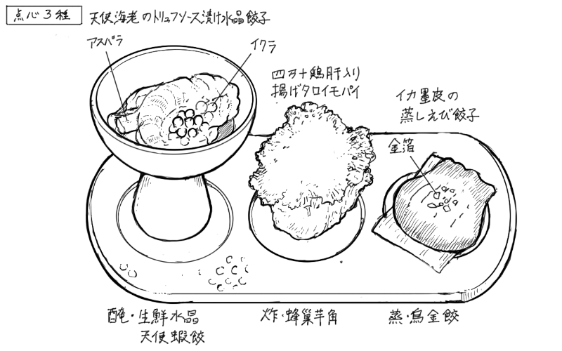 天使のエビ入り水晶餃子、揚げタロイモパイ、イカ墨皮の蒸しエビ餃子のスケッチ