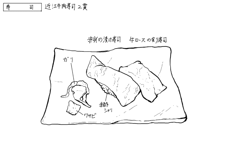 近江牛肉寿司2貫のスケッチ