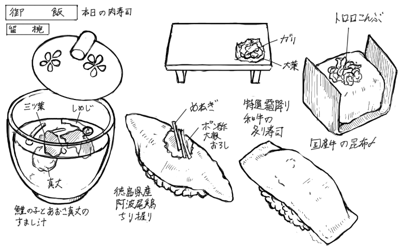 澄まし汁、阿波尾鶏のちり握り、和牛の炙り寿司、国産牛の昆布締め寿司のスケッチ