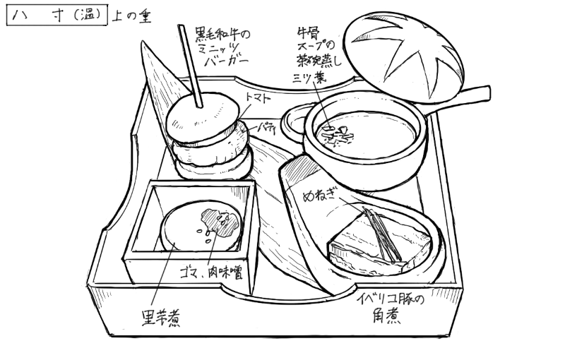 黒毛和牛のミニッツバーガー、牛骨スープの茶碗蒸し、さといもの肉味噌がけ、イベリコ豚の角煮のスケッチ