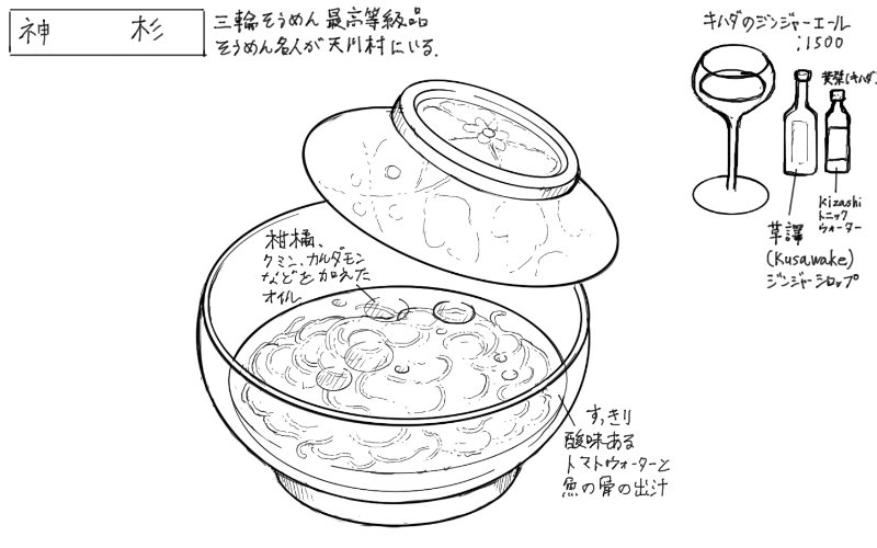 三輪そうめん「神杉」を使った一品のスケッチ