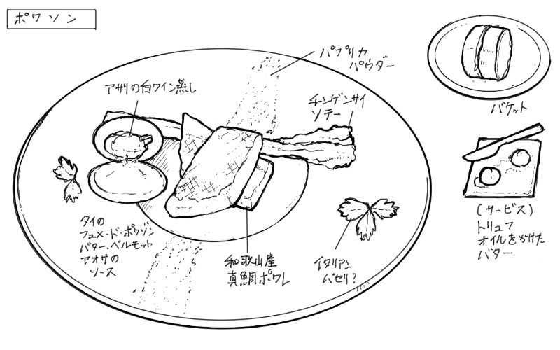 真鯛のポワレ、ヒュメドポワゾンのソースのスケッチ