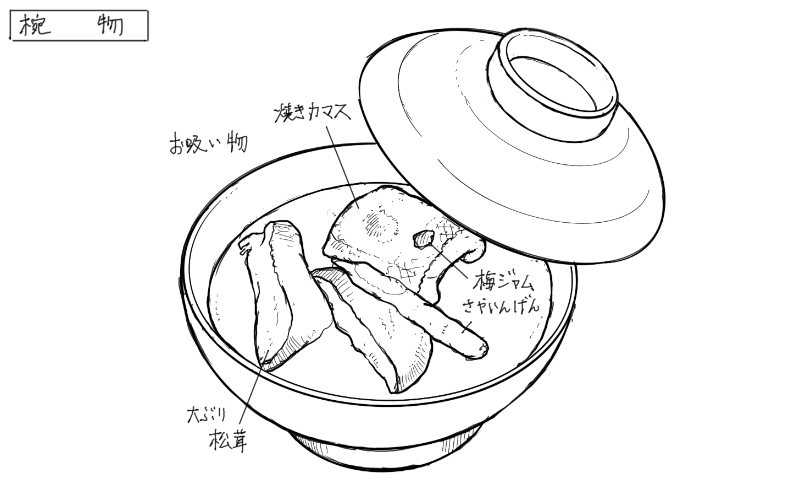 焼きカマス、松茸のお吸い物のスケッチ