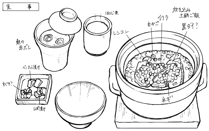 季節の炊き込み土鍋ご飯のスケッチ