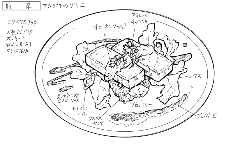 マカジキのグリエ、サラダ仕立てのスケッチ
