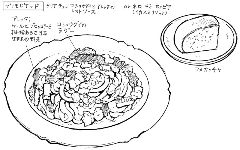 タリアテッレ コショウダイとアレッタのトマトソース、フォカッチャのスケッチ