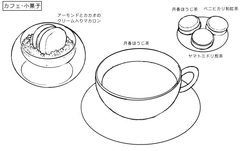 マカロンとほうじ茶のスケッチ