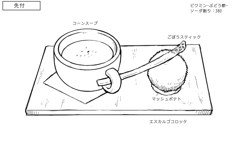 コーンスープ、ごぼうスティック、エスカルゴコロッケのスケッチ