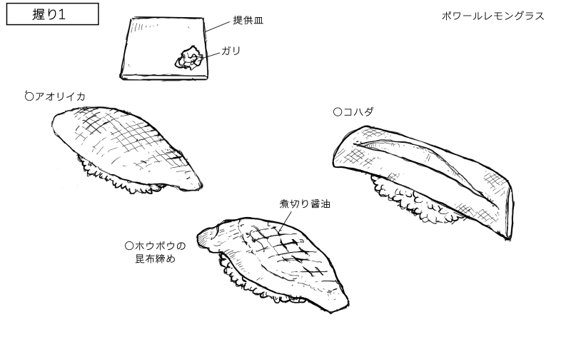 アオリイカ、ホウボウの昆布締め、コハダの握りのスケッチ