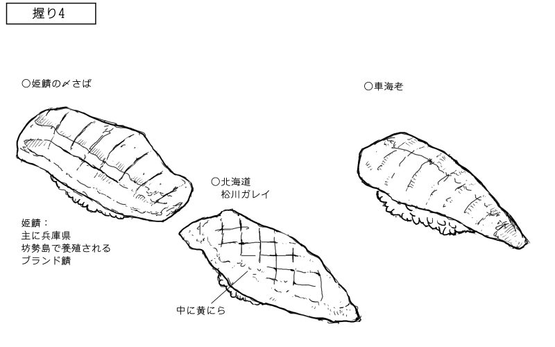 姫鯖の〆さば、松川がれい、車海老の握りのスケッチ