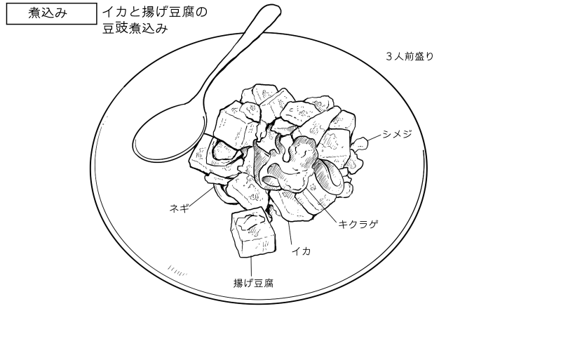 イカと揚げ豆腐の豆豉煮込みのスケッチ