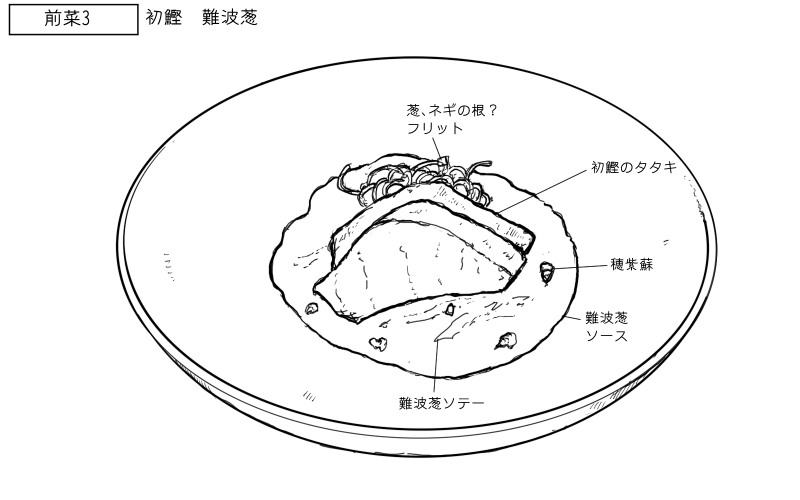 初鰹のタタキ、難波葱のソースのスケッチ