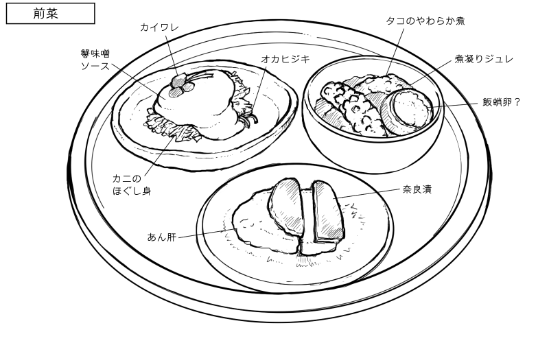 カニの蟹味噌ソース和え、タコのやわらか煮、あん肝のスケッチ