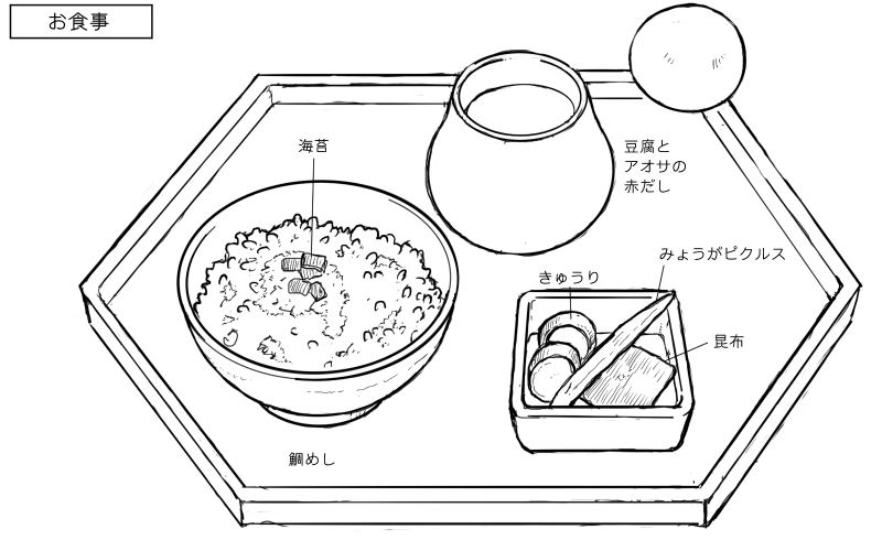 鯛めし、豆腐とアオサの赤だし、お漬物のスケッチ