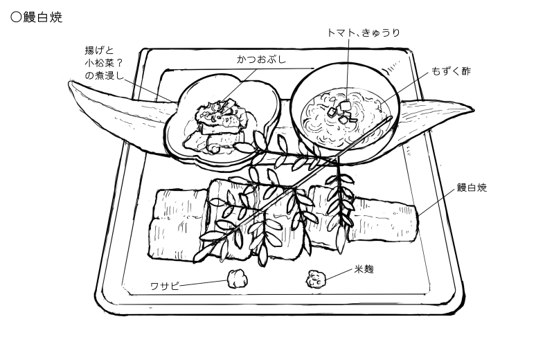 揚げと小松菜？の煮浸し、もずく酢、鰻白焼のスケッチ