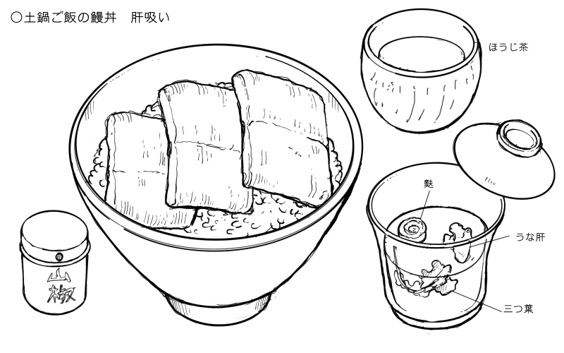 土鍋ご飯の鰻丼、肝吸い、ほうじ茶のスケッチ