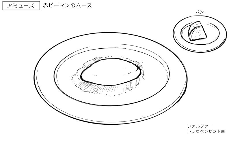 赤ピーマンのムース、パンのスケッチ