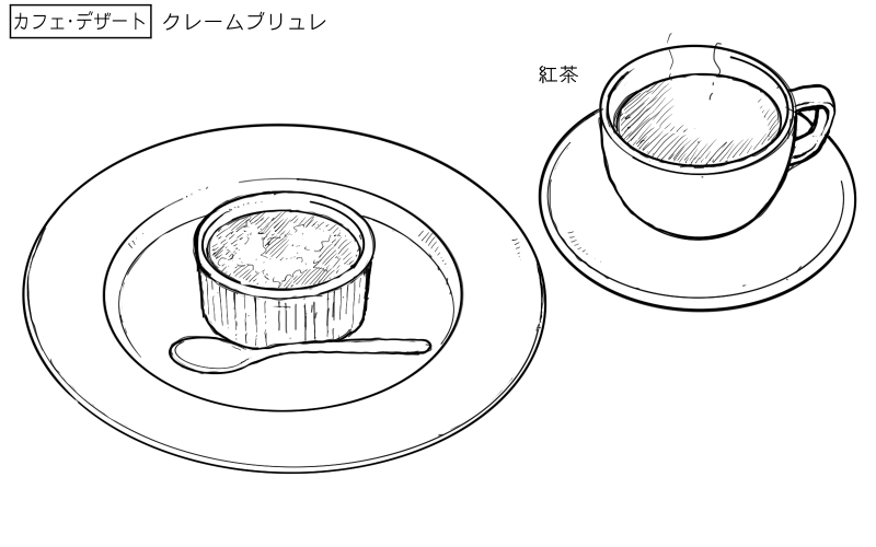 クレームブリュレ、紅茶のスケッチ