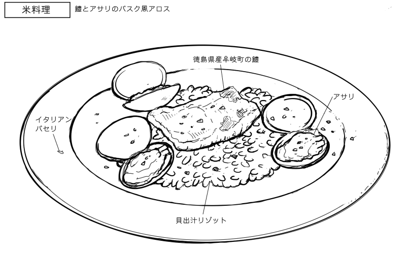 鱧とアサリのバスク風アロスのスケッチ