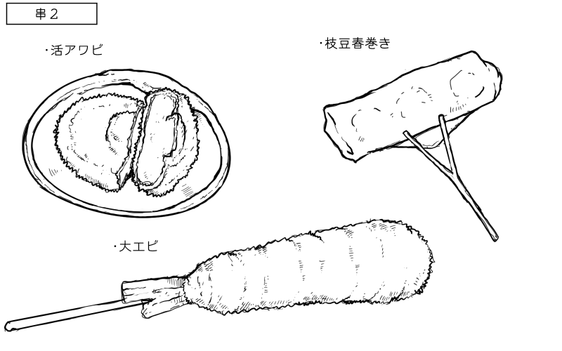 活鮑カツ、大エビ串、枝豆春巻き串のスケッチ