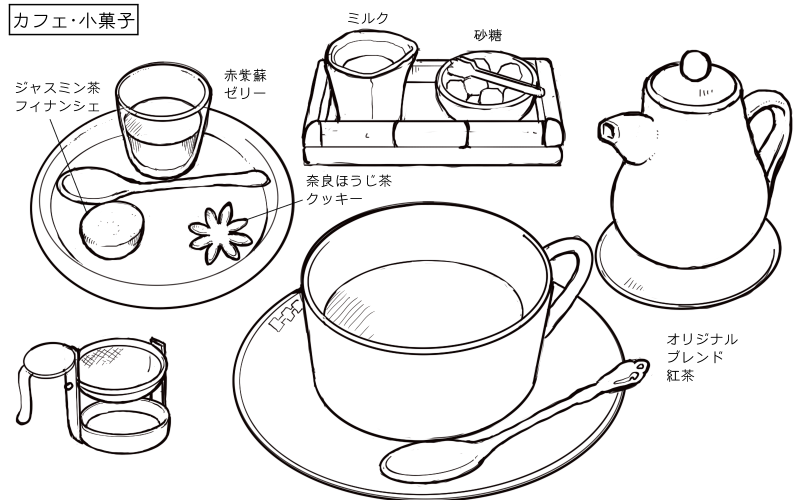 フィナンシェ、赤紫蘇ゼリー、ほうじ茶クッキー、紅茶セットのスケッチ