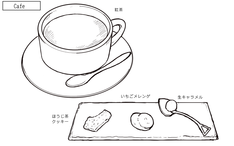 ほうじ茶クッキー、いちごメレンゲ、生キャラメル、紅茶のスケッチ