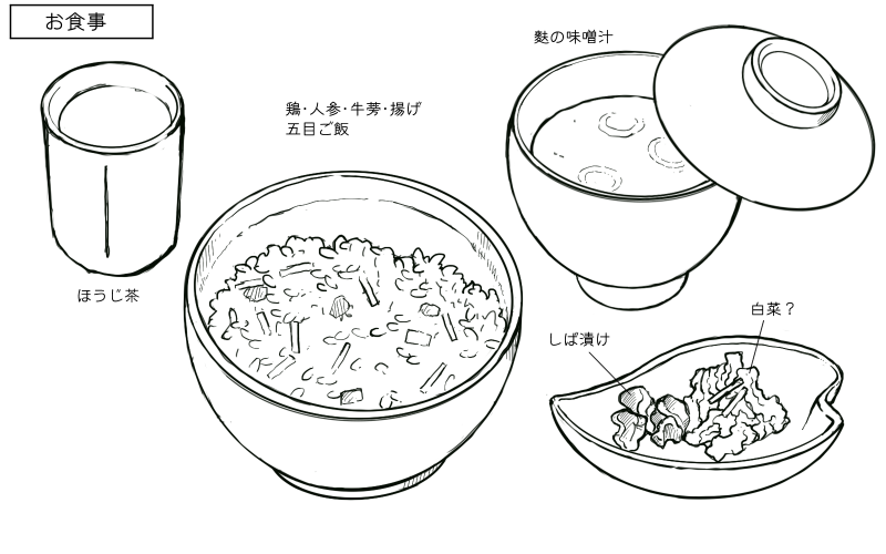 五目ご飯、麩の味噌汁、お漬物のスケッチ